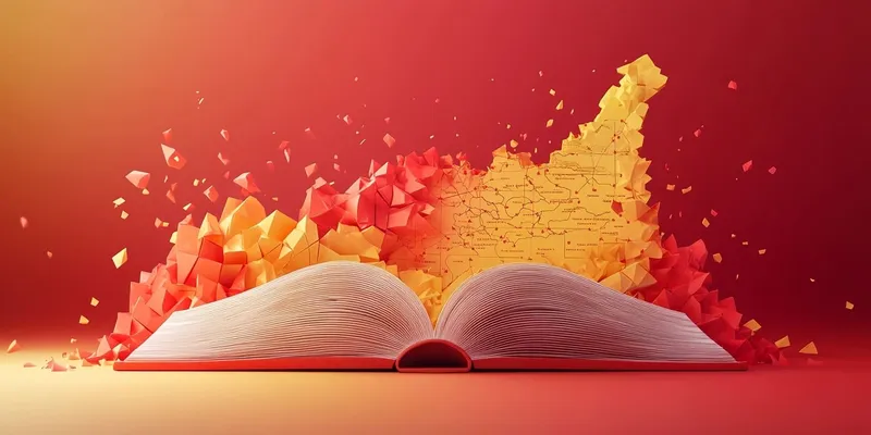 Ilustración de la app: un libro abierto del que salen fichas de colores.
