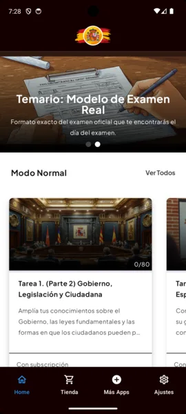 Inicio de la app: el temario como modelo de examen real y la lista de tests de la Tarea 1.