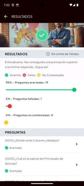 Resultados de un test: 95 % de preguntas acertadas y la lista de preguntas corregidas.