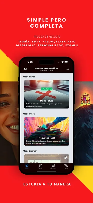 Imagen de la tienda: «Simple pero completa», con los modos Fallos, Flash y Examen.