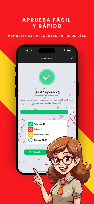 Imagen de la tienda: «Aprueba fácil y rápido», con la pantalla de Test Superado.